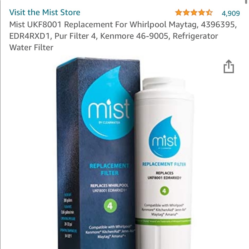Mist replacement water filter